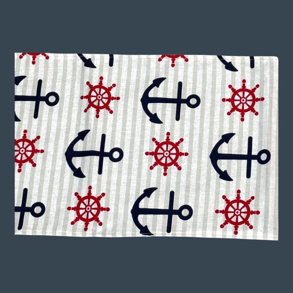 Reversible Nautical Anchor & Helm Fabric Table runner Set Of 2 Beach Lake House - Picture 7 of 11